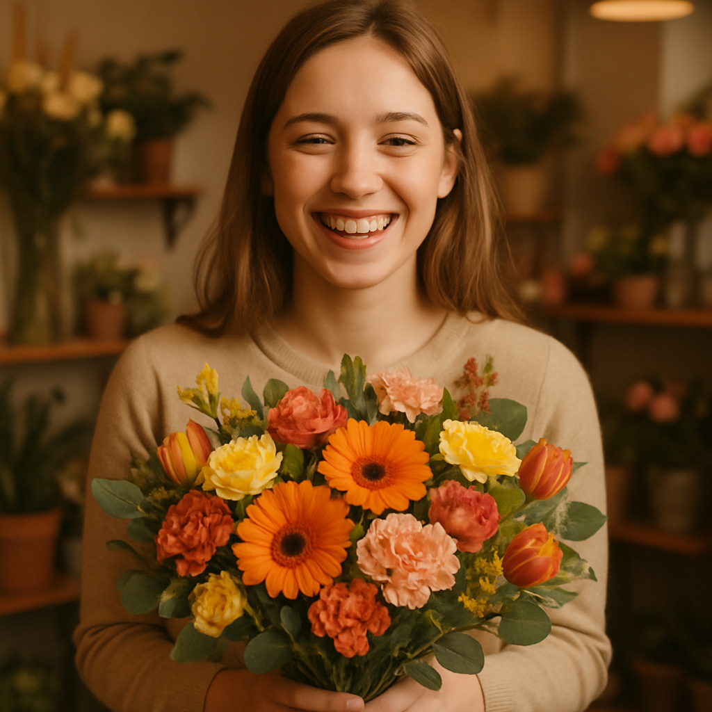 Emma smiling, holding a bouquet of fresh flowers