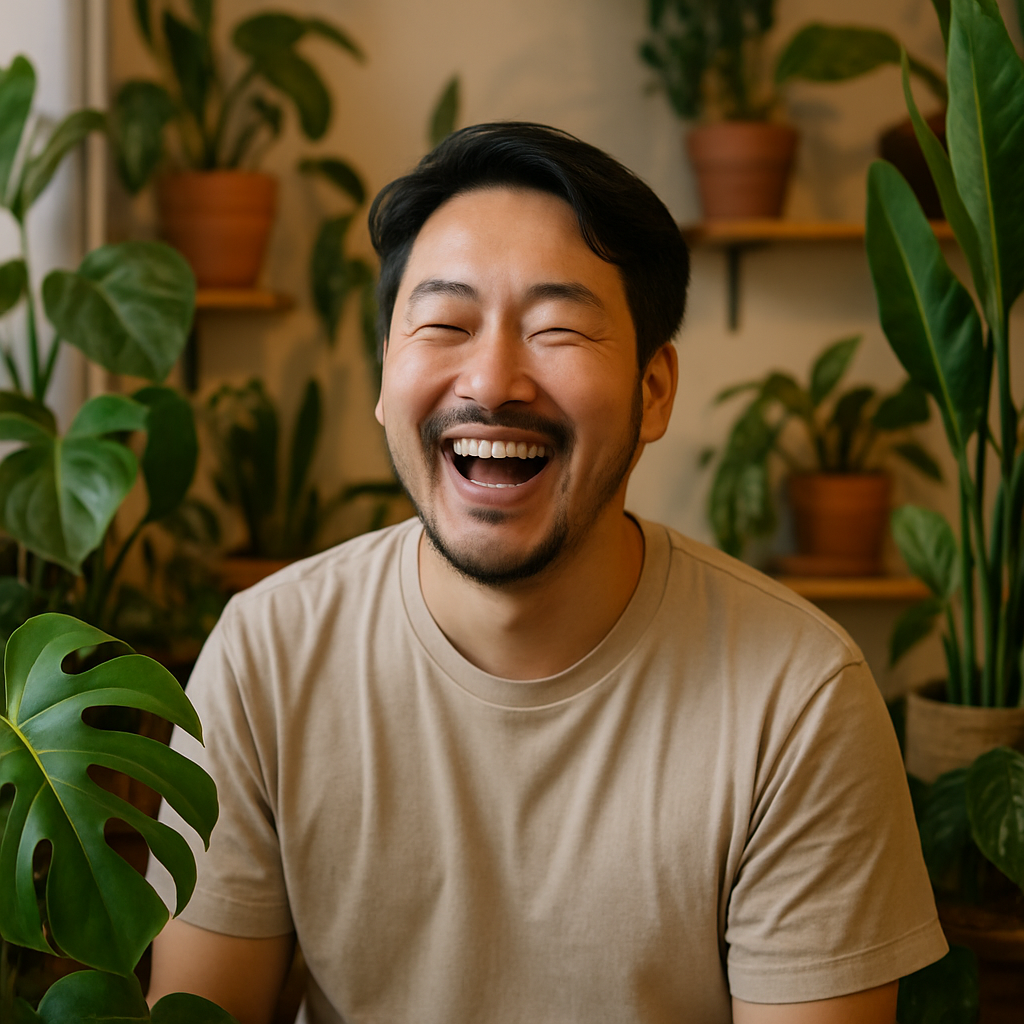 Lucas laughing, surrounded by houseplants