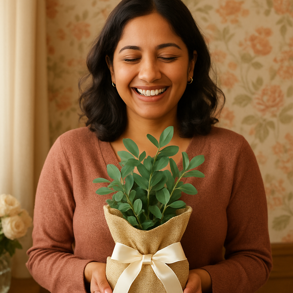Sophia smiling, holding a wrapped plant gift