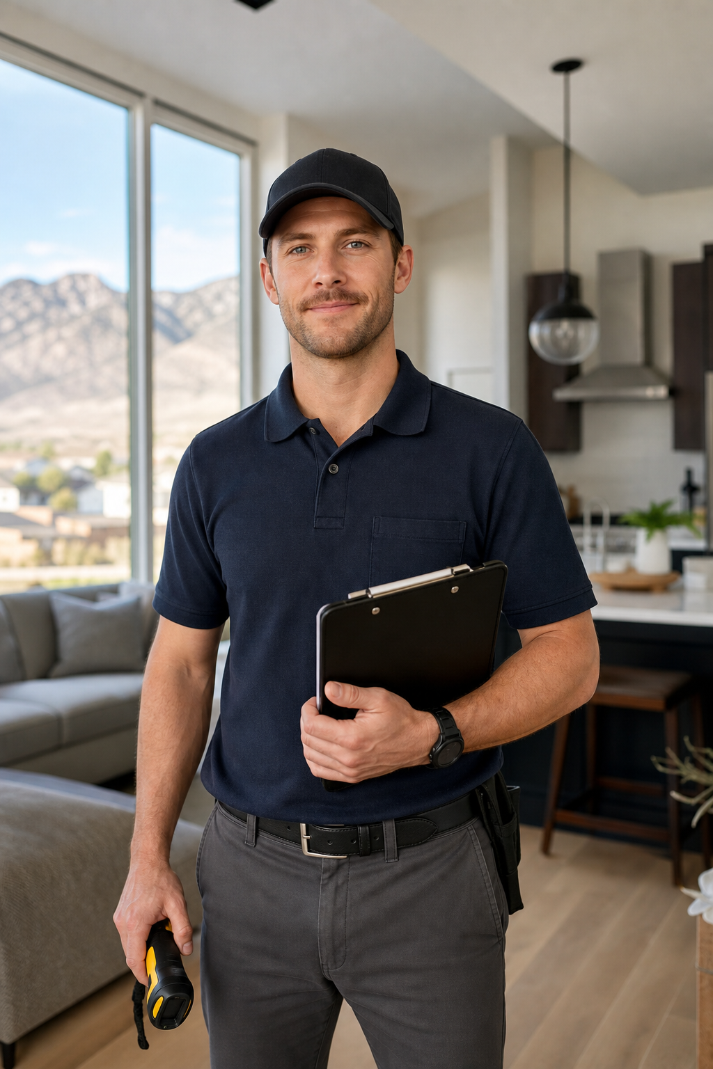 Professional home inspector in a residential setting reviewing a property with a calm, trustworthy presence