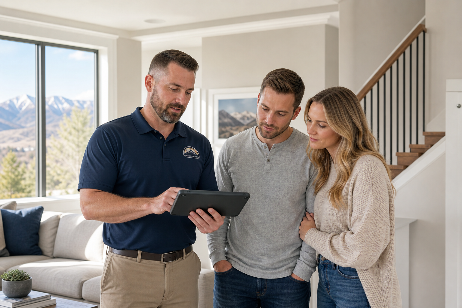 Home buyer inspection consultation scene with inspector reviewing findings with a couple in a bright living room