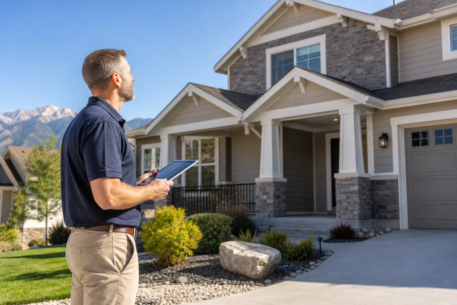 Professional home inspector reviewing a residential exterior in Colorado Springs with a tablet