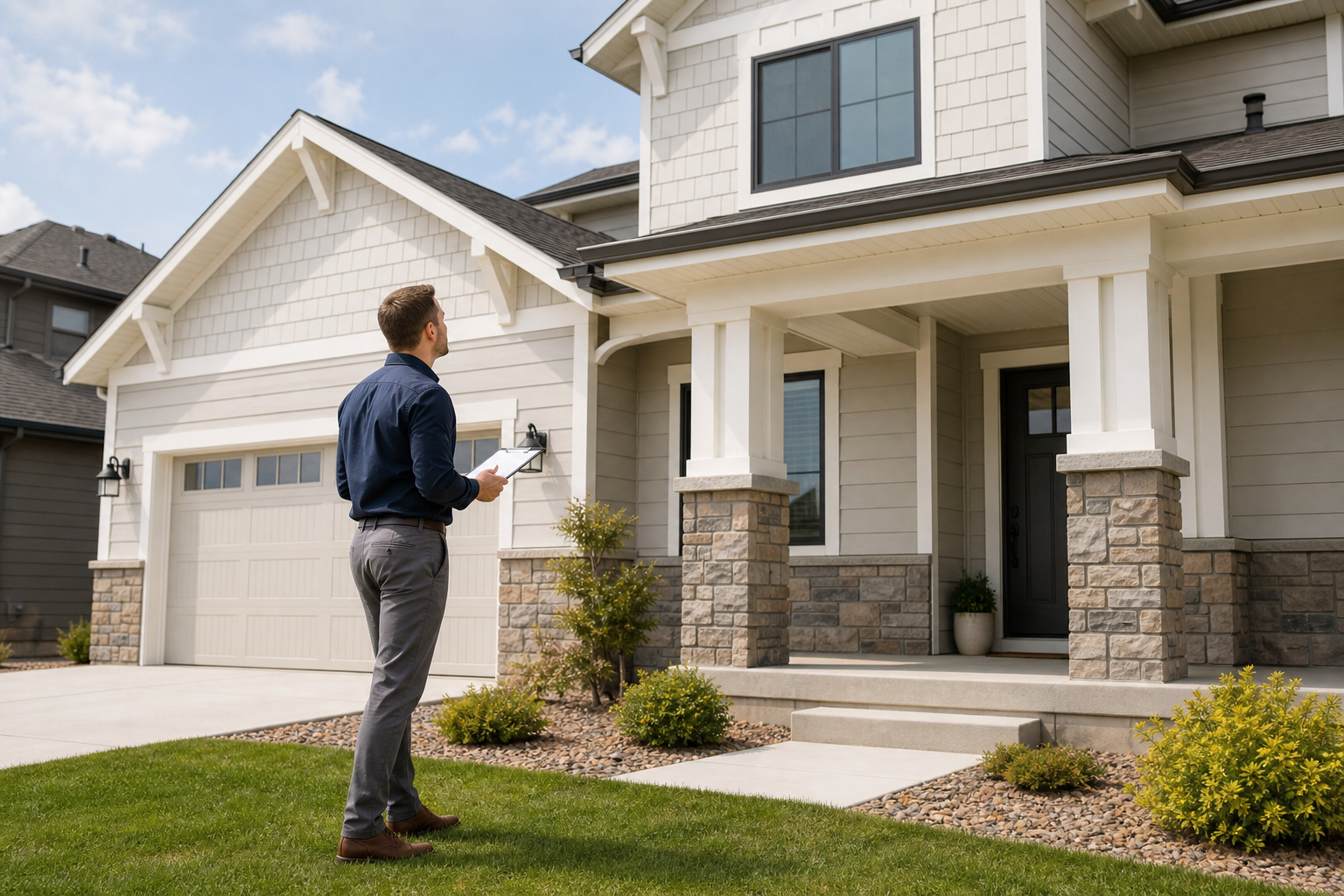 Newly built home exterior with a professional home inspector reviewing details near the front entry