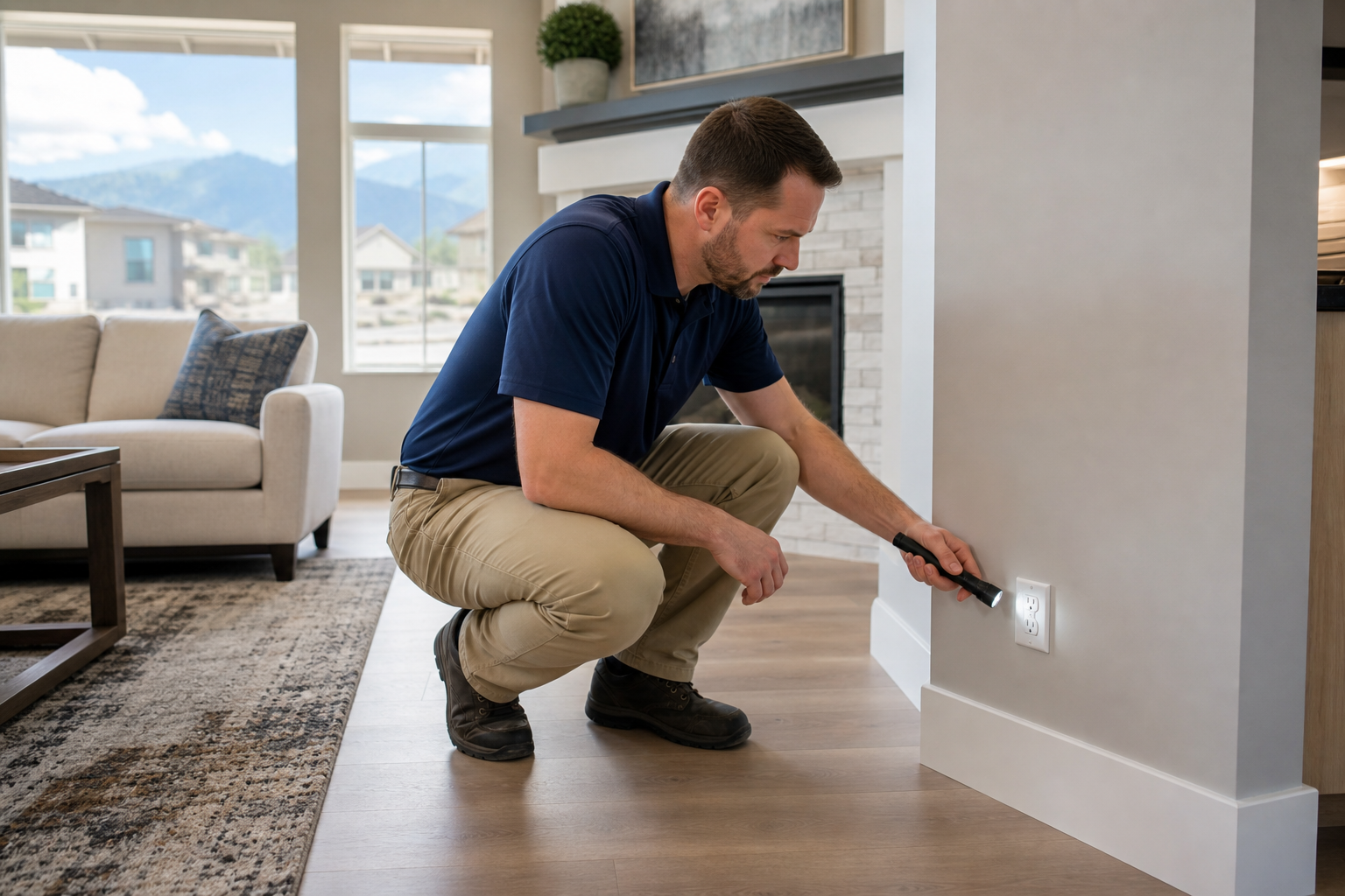 Prepared home interior inspection scene with an inspector reviewing visible systems in a clean living space