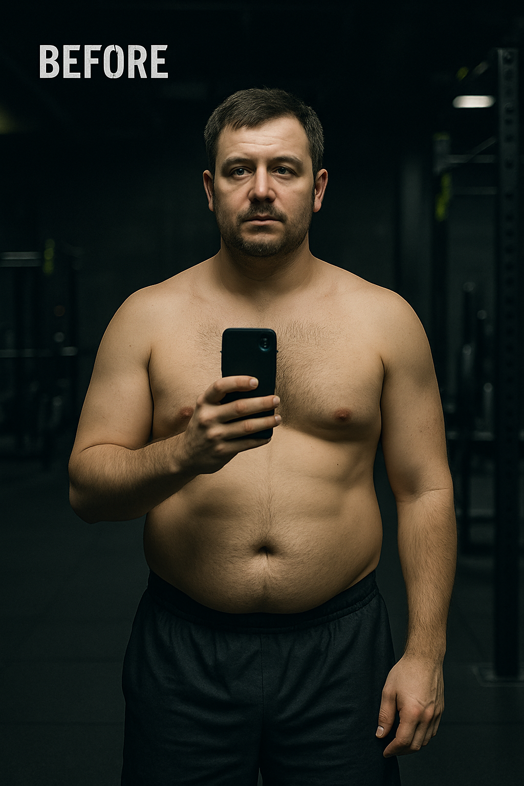 Before photo of Andriy with a softer midsection and lower muscle definition in a gym mirror selfie
