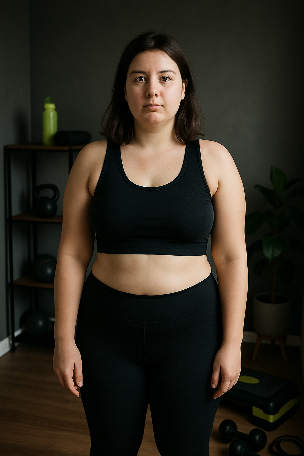 Before photo of Iryna with less muscle tone and higher body fat in a home workout setting