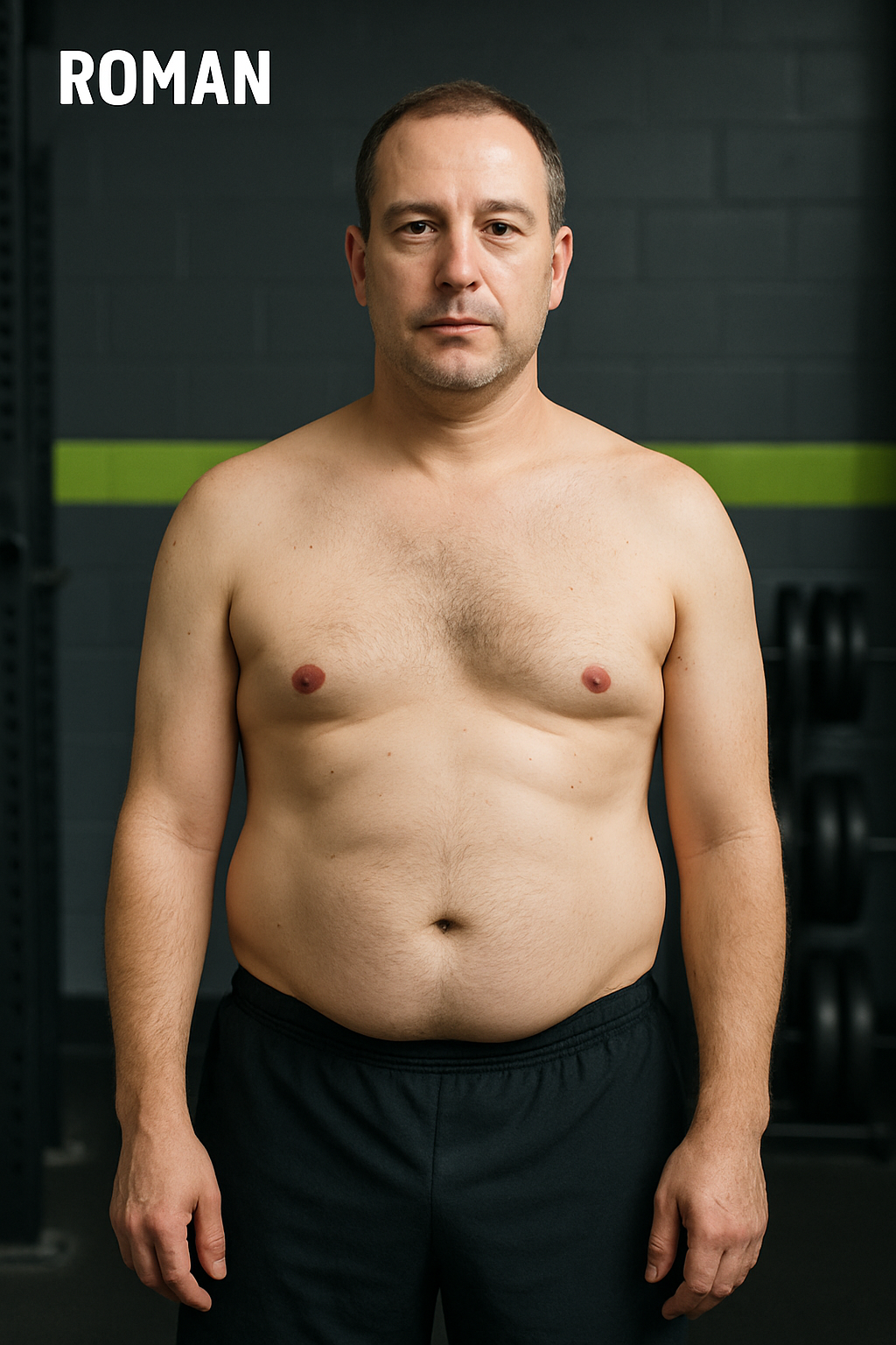 Before photo of Roman with narrow shoulders and lower muscular definition under neutral indoor lighting