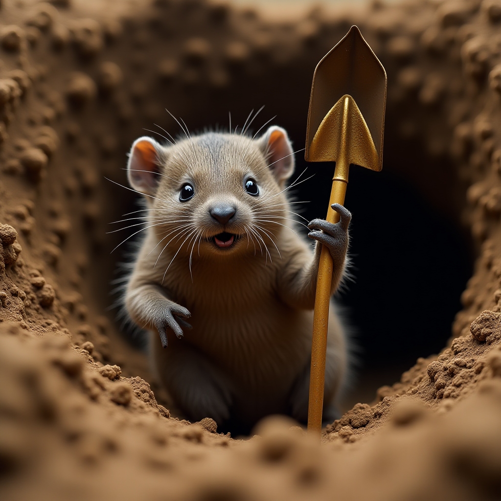 A close-up of a proud mole holding a tiny golden shovel, dirt flying from a freshly dug tunnel during a digging contest.