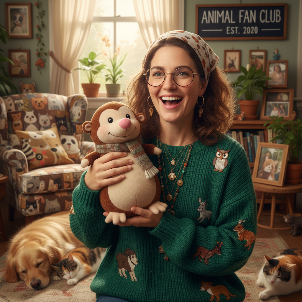 Amy, a smiling fan with glasses, holding a plush mole