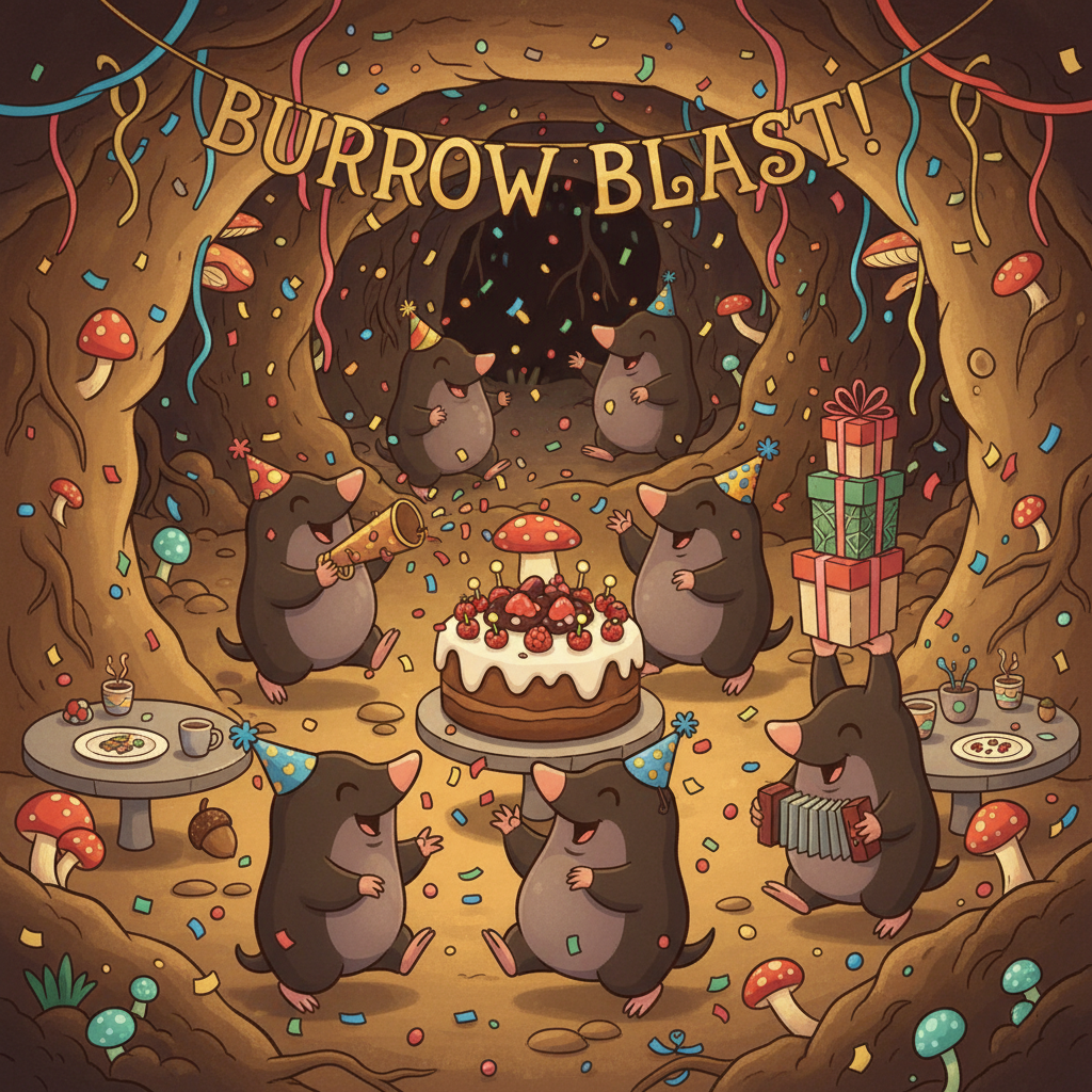 Illustration of several moles throwing a party in a burrow, confetti flying