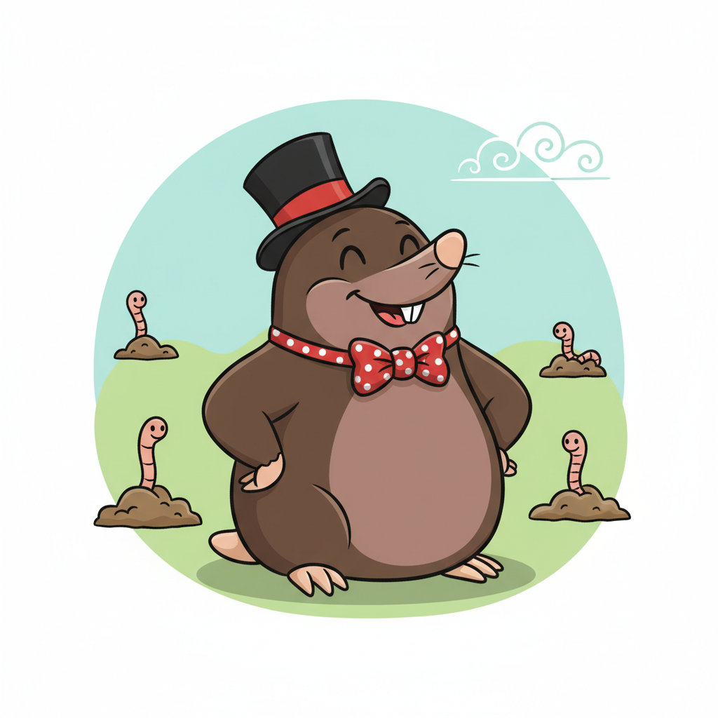 Playful illustration of a mole wearing a tiny top hat and bowtie