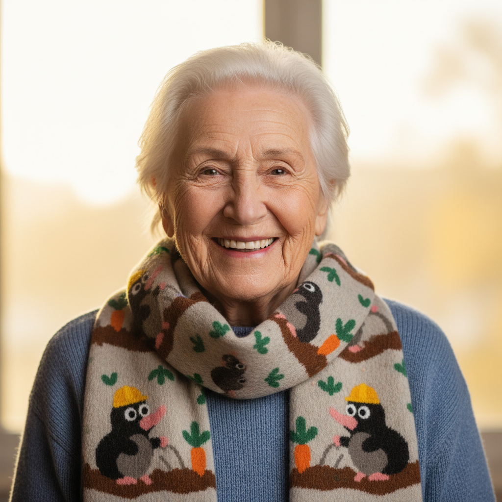 Portrait of an elderly animal lover with a mole-themed scarf, beaming with joy