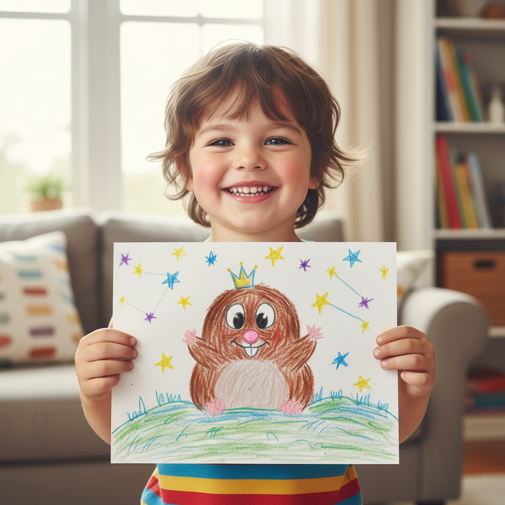 Child holding a colorful drawing of a mole with stars
