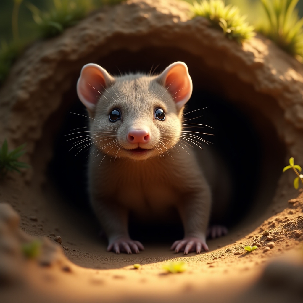 A friendly, realistic mole peeking out of a sunlit burrow, looking playful and inviting