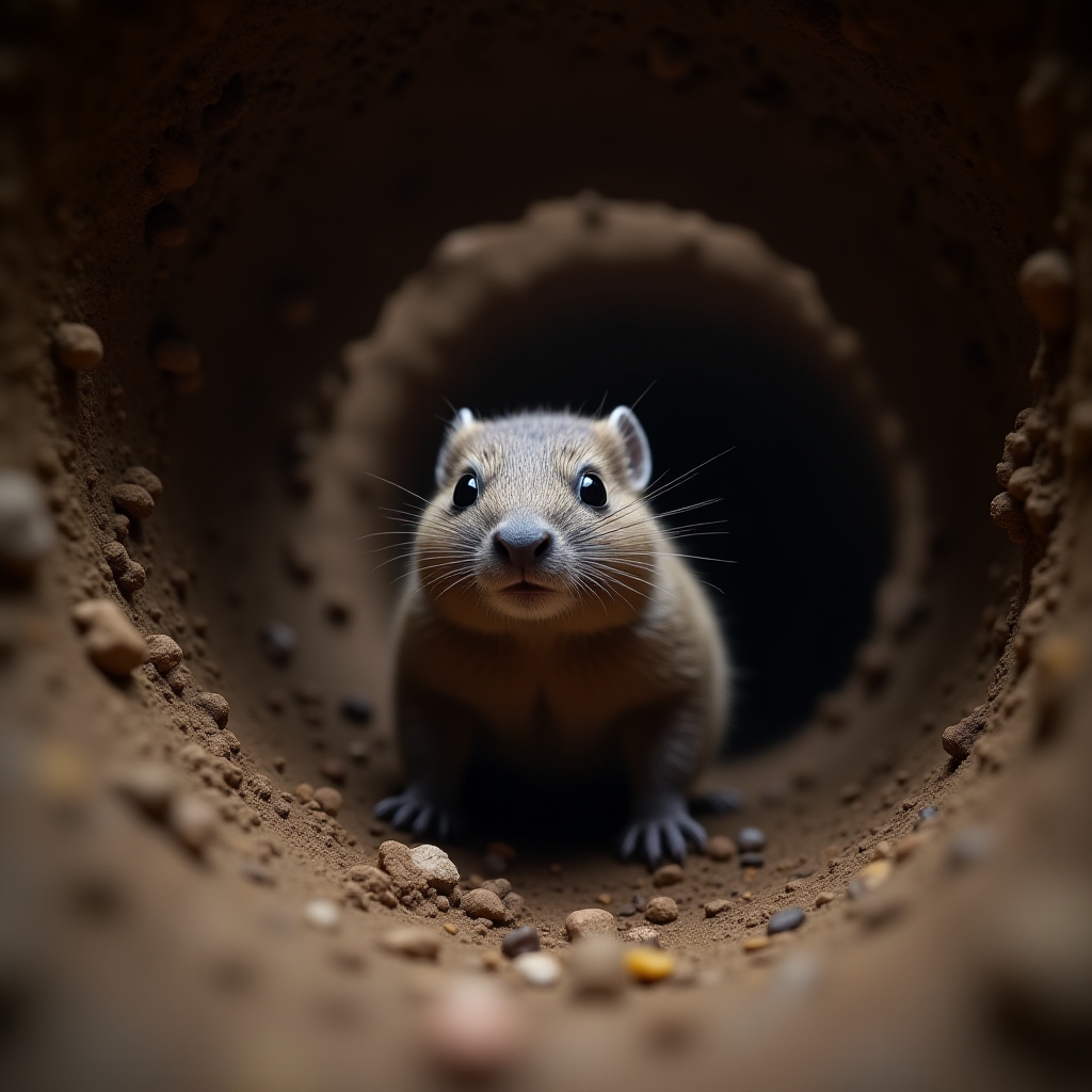 Live underground footage from a burrow cam, showing a curious mole peeking at the camera