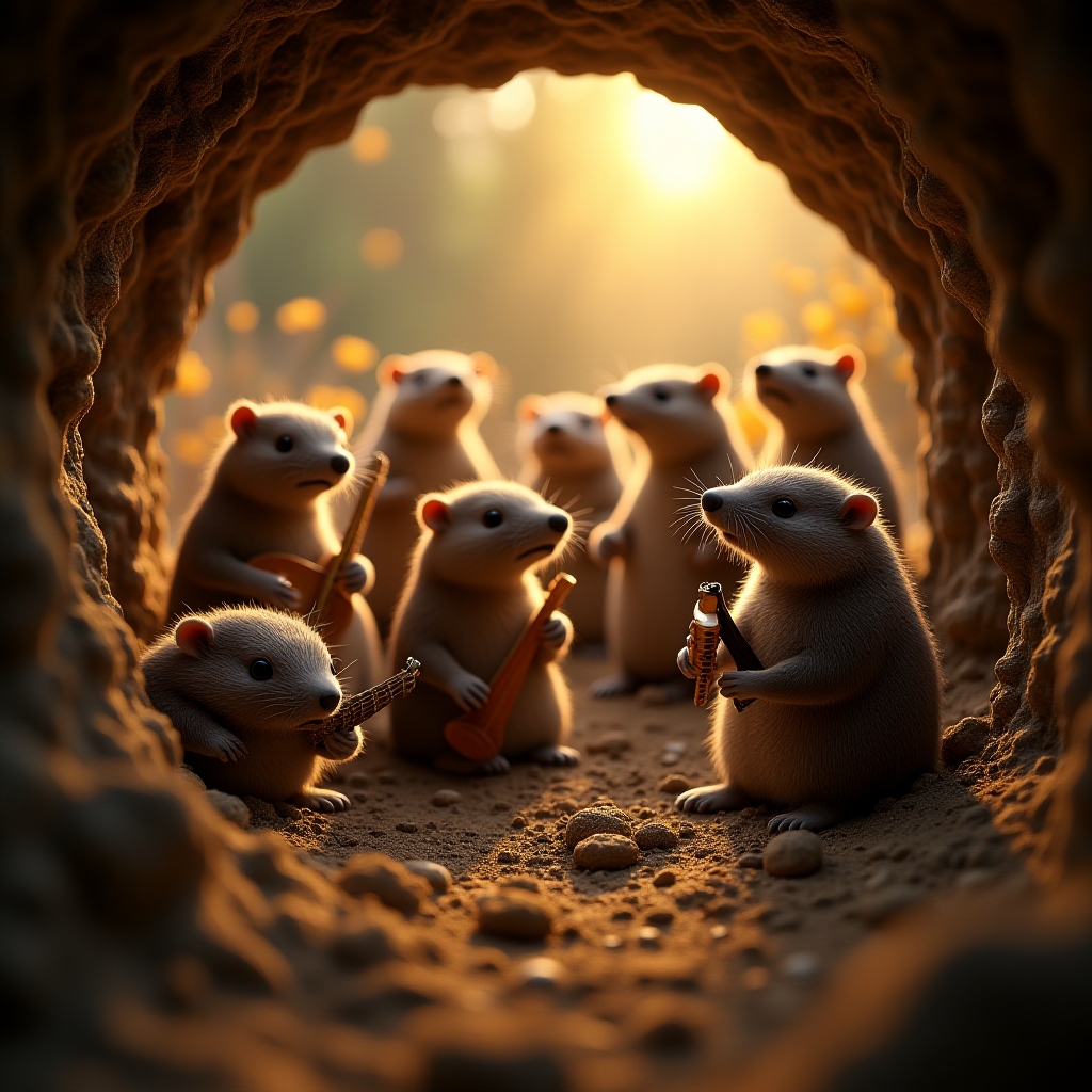 A realistic scene of a mole band playing tiny instruments in a warmly lit burrow, with cheering mole fans in the background.