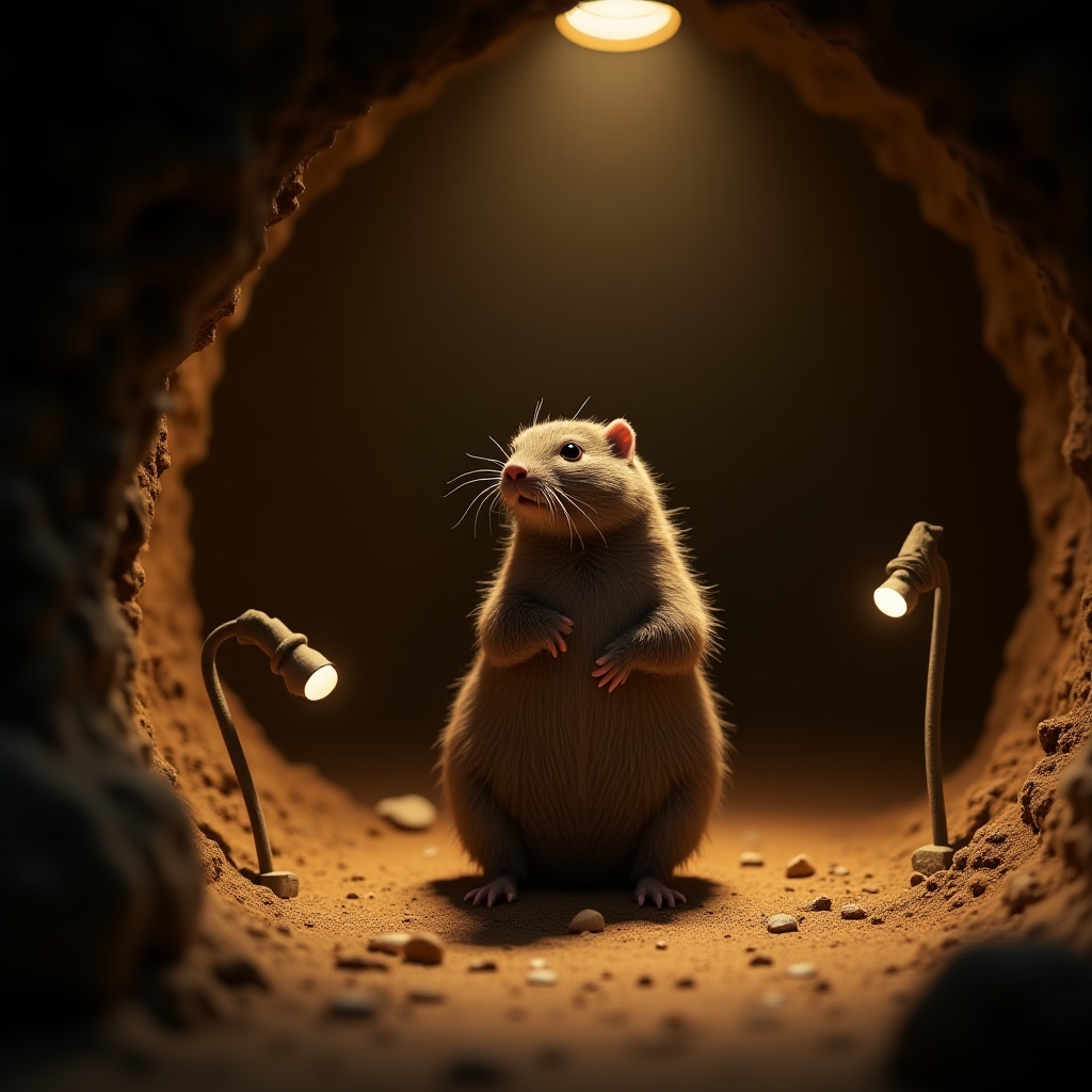 A realistic photo of a mole performing on a miniature underground stage, spotlighted with tiny burrow lamps.