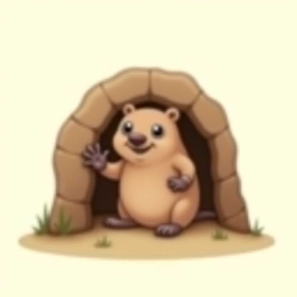 Cartoon mole waving, peeking from a burrow