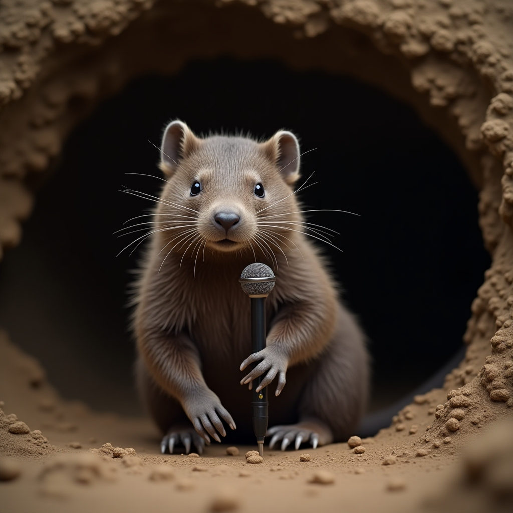 A friendly mole being interviewed underground, with a burrow cam and microphone