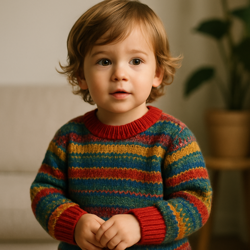 Toddler in a premium knitted sweater in a bright modern living room, soft yarn texture visible