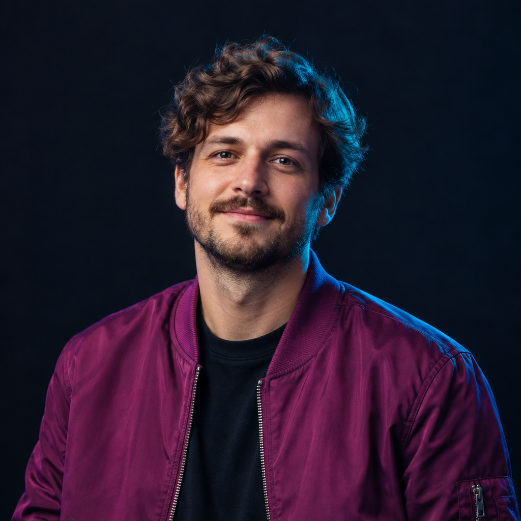 Portrait of Andrii Shevchuk, a Ukrainian creative developer with wavy brown hair and a muted magenta bomber jacket