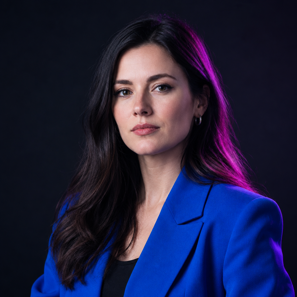 Portrait of Iryna Bondar, a Ukrainian CSS engineer with long dark hair and an electric blue blazer