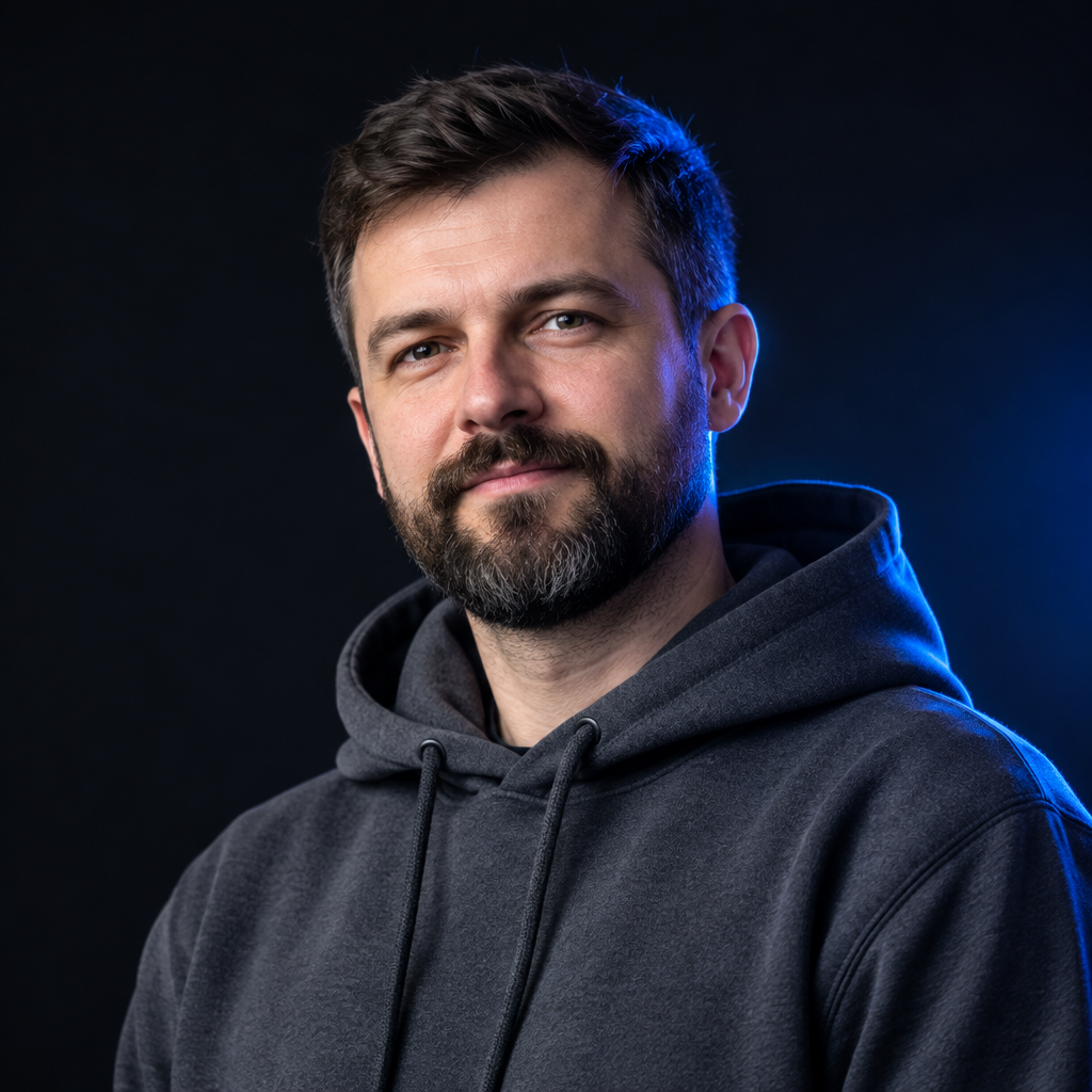 Portrait of Maksym Rudenko, a Ukrainian web platform engineer with a trimmed beard and a slate gray hoodie