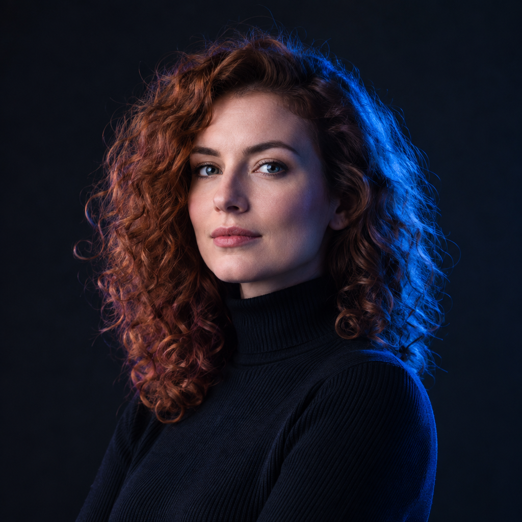 Portrait of Marta Zadorozhna, a Ukrainian React architect with curly auburn hair and a black turtleneck