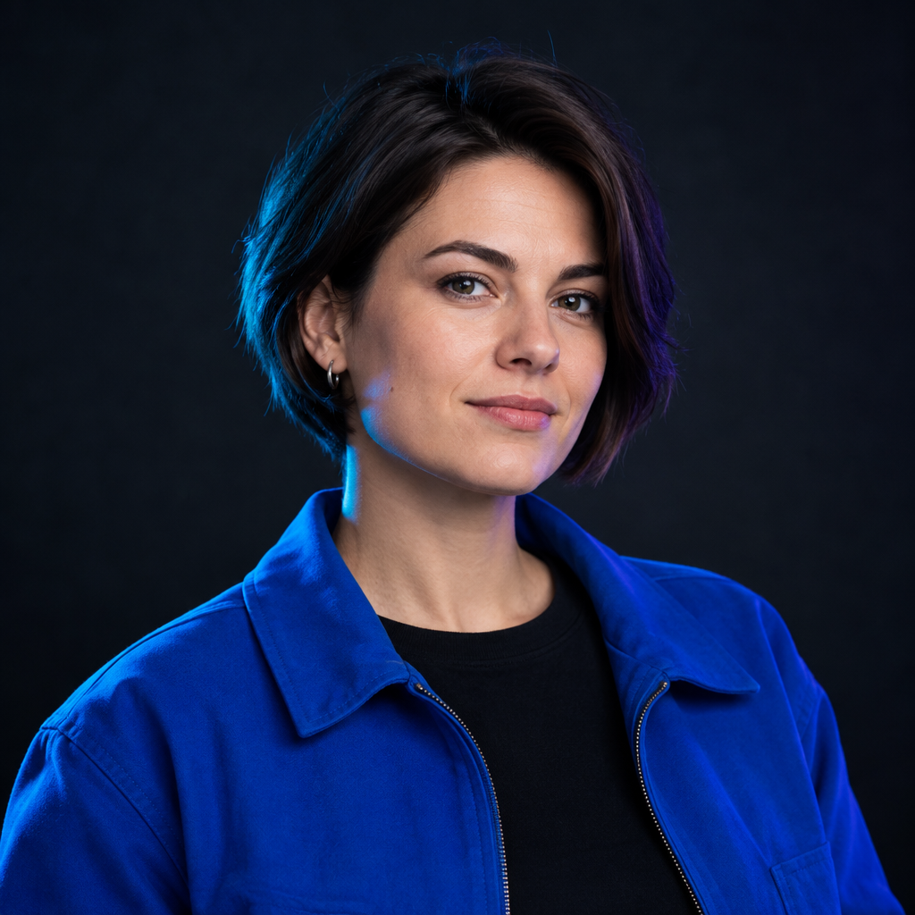 Portrait of Olena Marko, a Ukrainian frontend performance engineer with short dark hair and cobalt blue jacket