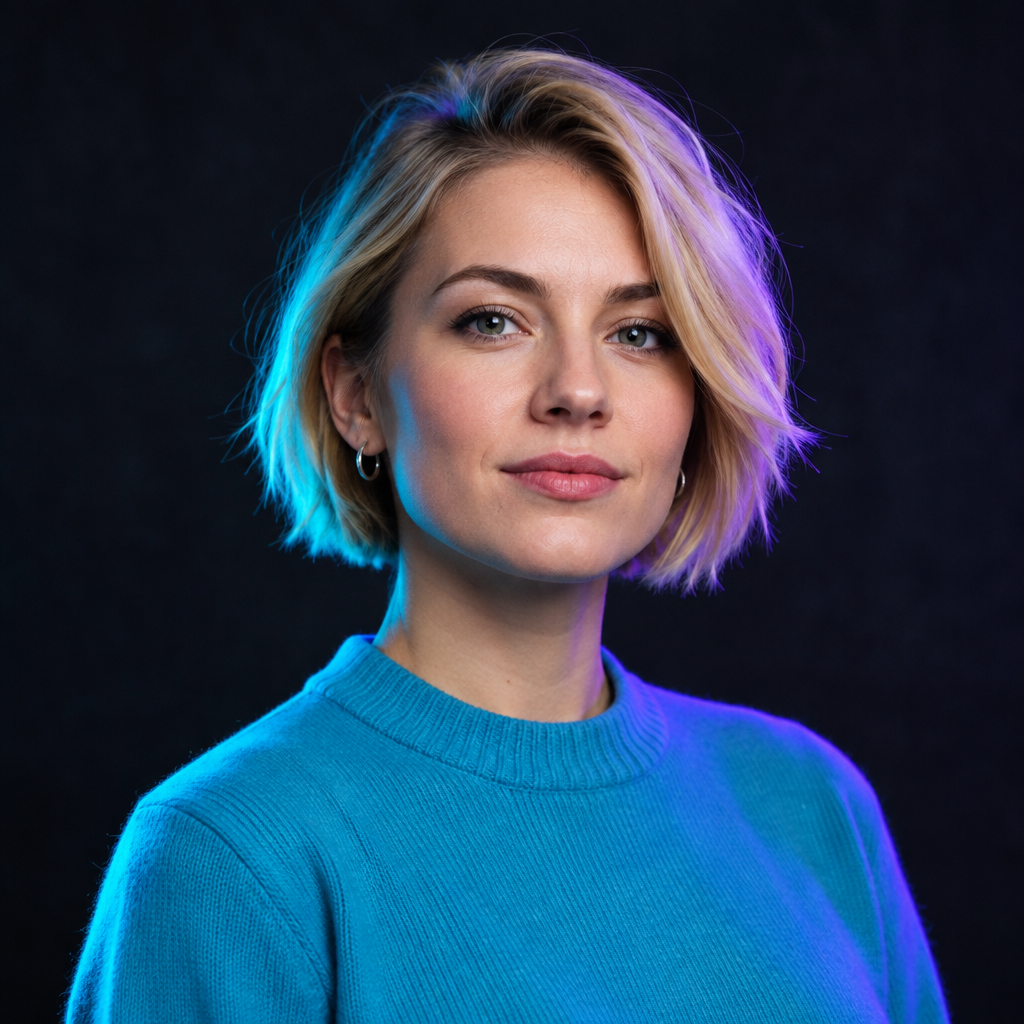 Portrait of Sofia Lebed, a Ukrainian frontend observability engineer with short blonde hair and a cyan knit top