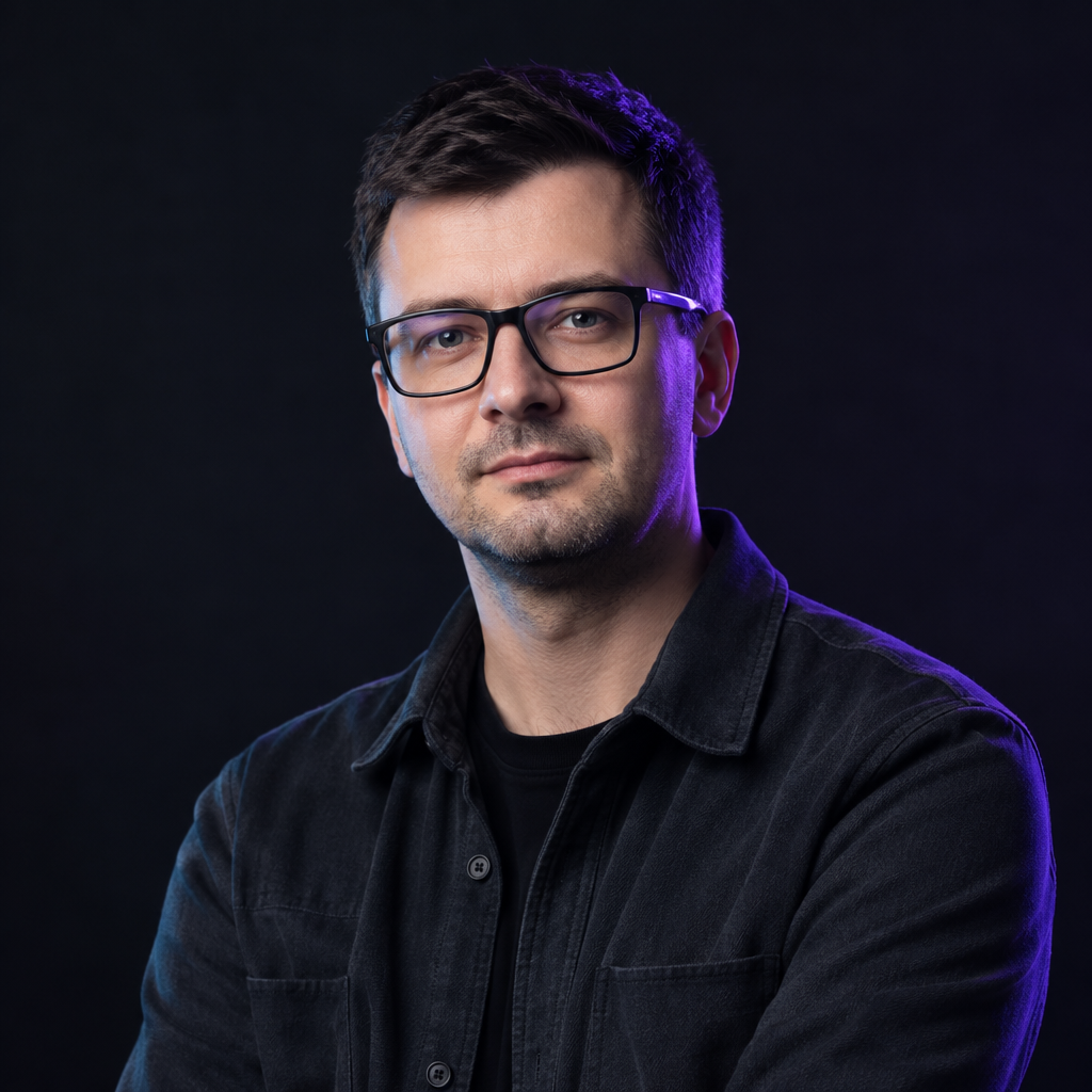 Portrait of Taras Hnatiuk, a Ukrainian design systems lead with glasses and a charcoal overshirt