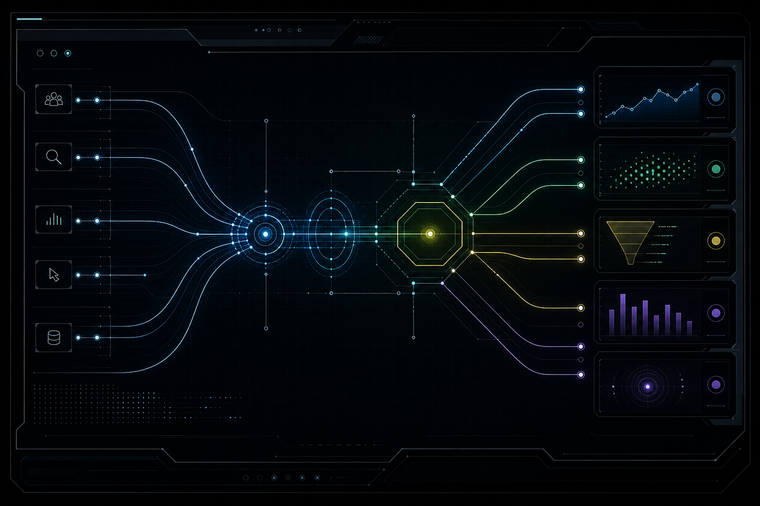 Futuristic growth systems schematic with grid lines, nodes, and signal paths