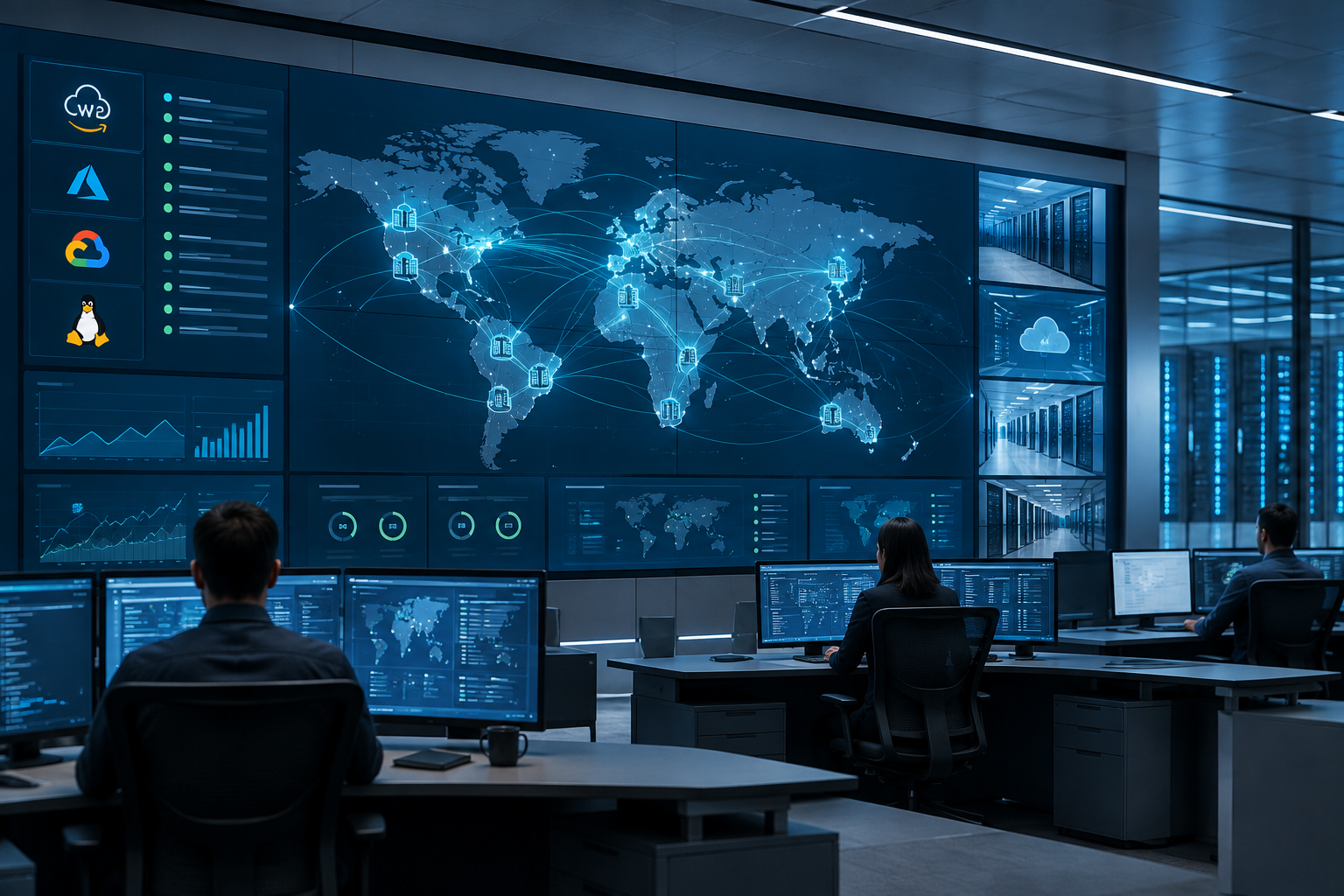 Abstract enterprise operations control room with network links between global data centers and cloud regions displayed on wall screens
