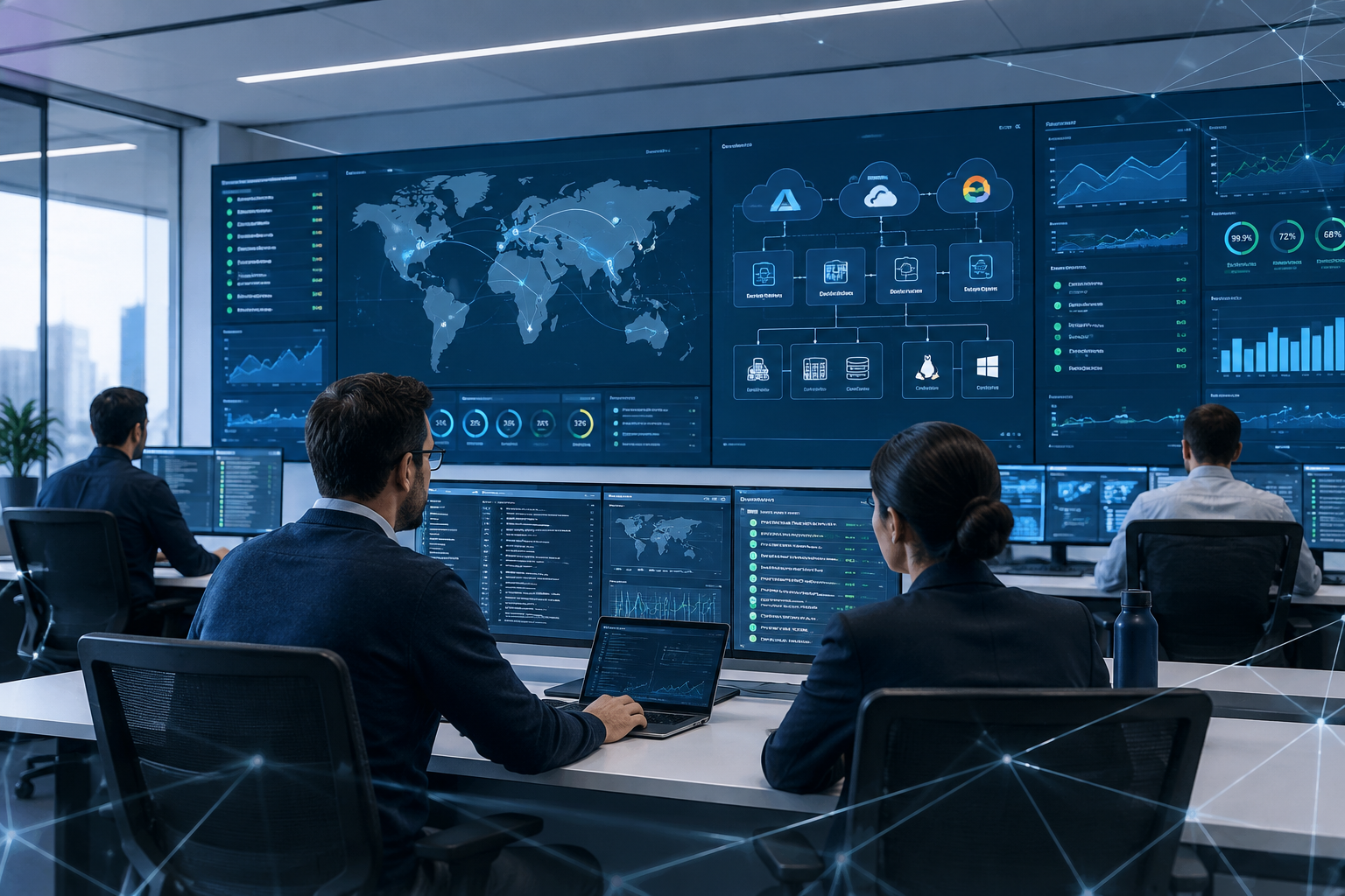 Enterprise cloud architecture control room with wall-sized infrastructure topology displays, engineers reviewing hybrid cloud operations dashboards, and subtle network grid overlays in a clean corporate environment
