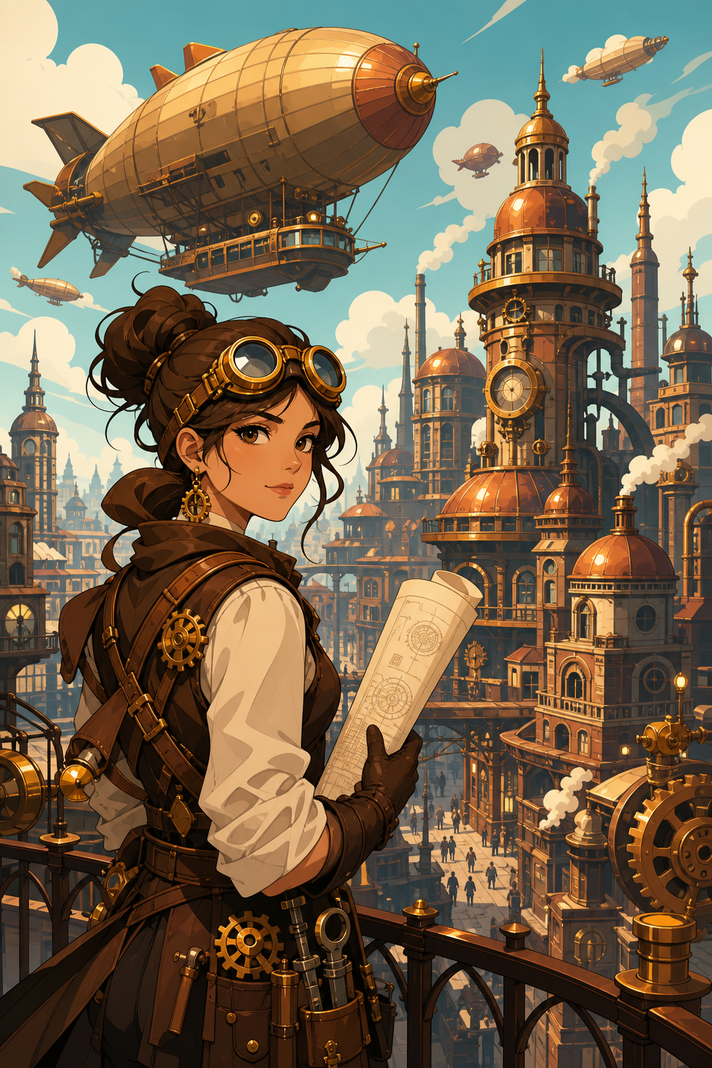 Steampunk cover with copper towers, airships, and a mechanic heroine holding a blueprint