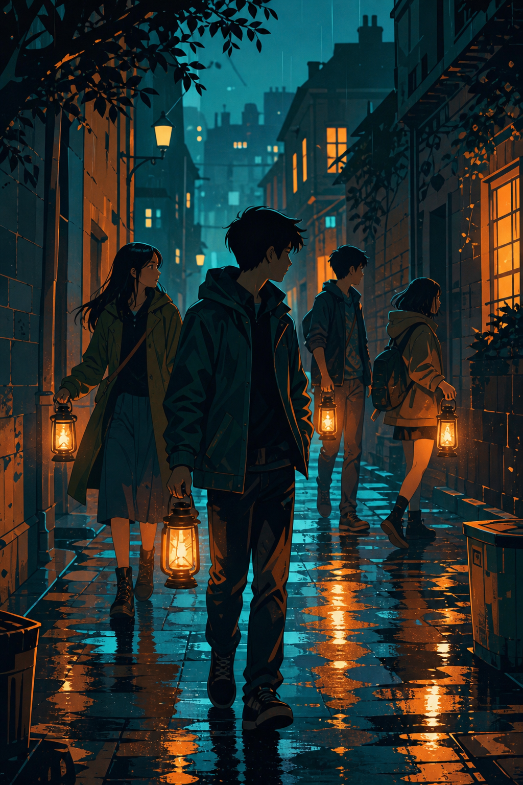Contemporary mystery cover with four friends holding lanterns in a rainy alley