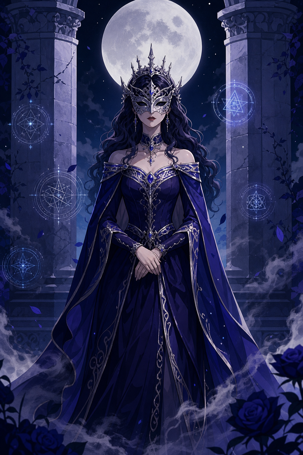 Dark fantasy court cover with a silver-masked queen framed by moonlit pillars