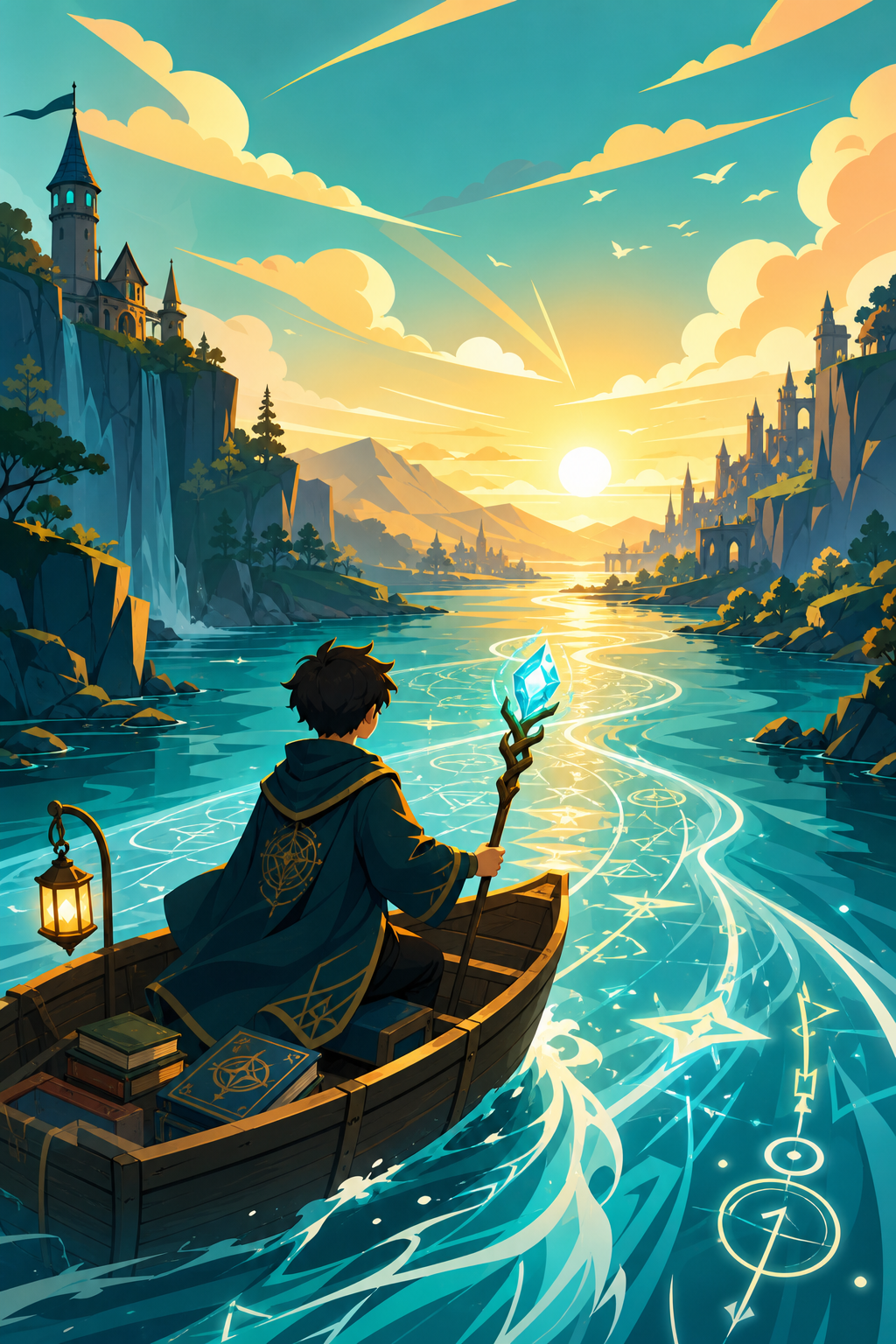 Adventure cover showing a small wooden boat crossing a glowing river of runes at dawn