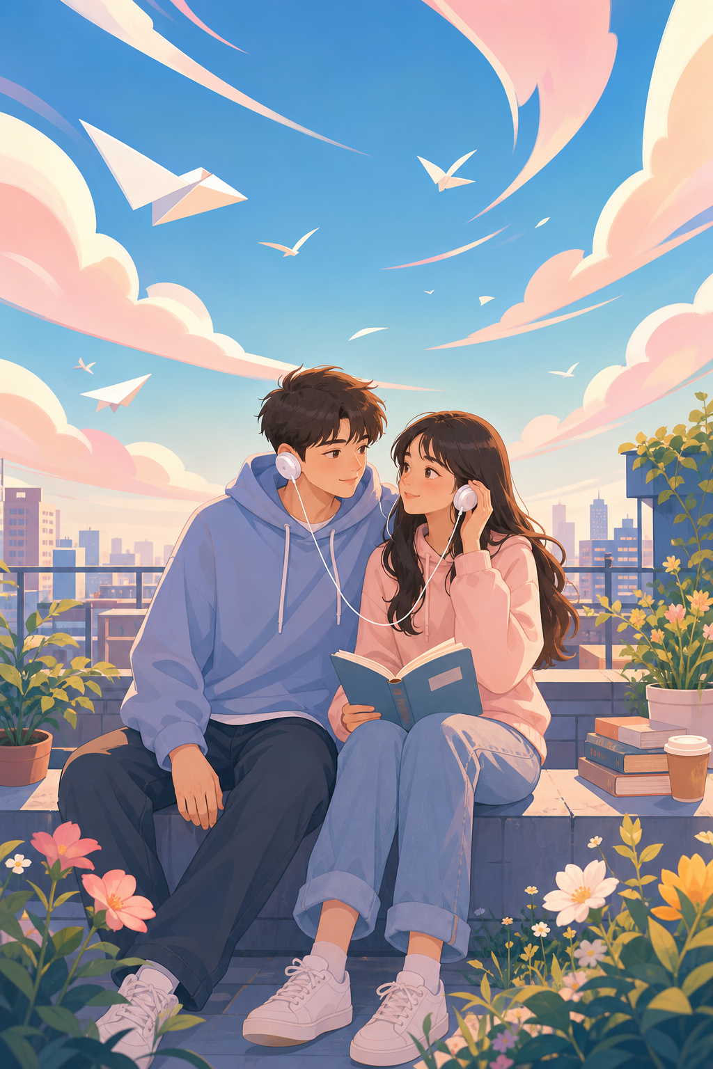Pastel romance cover with two students sharing headphones on a rooftop under cloud ribbons