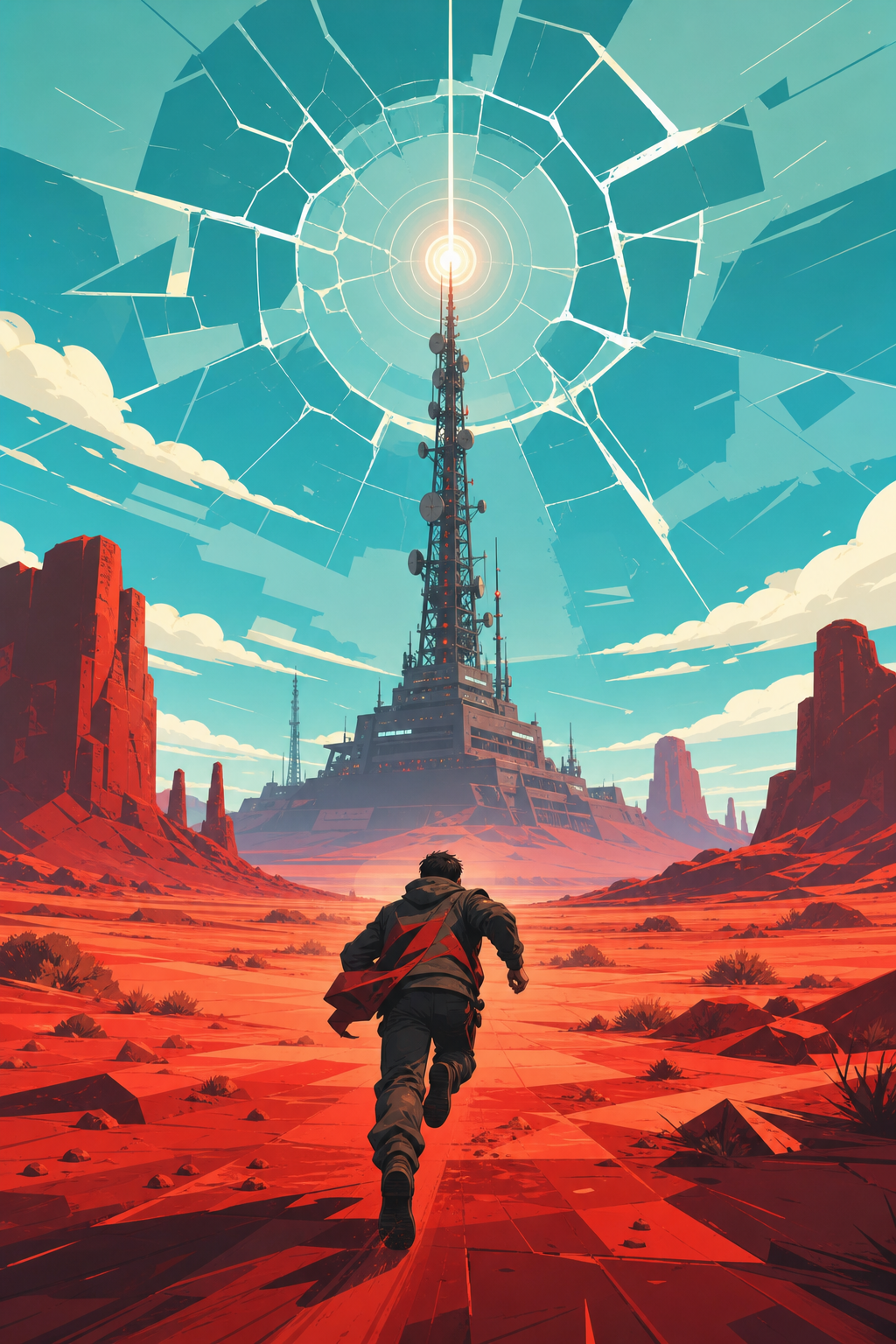 Sci-fi thriller cover with a lone runner crossing a red desert toward a giant radio beacon