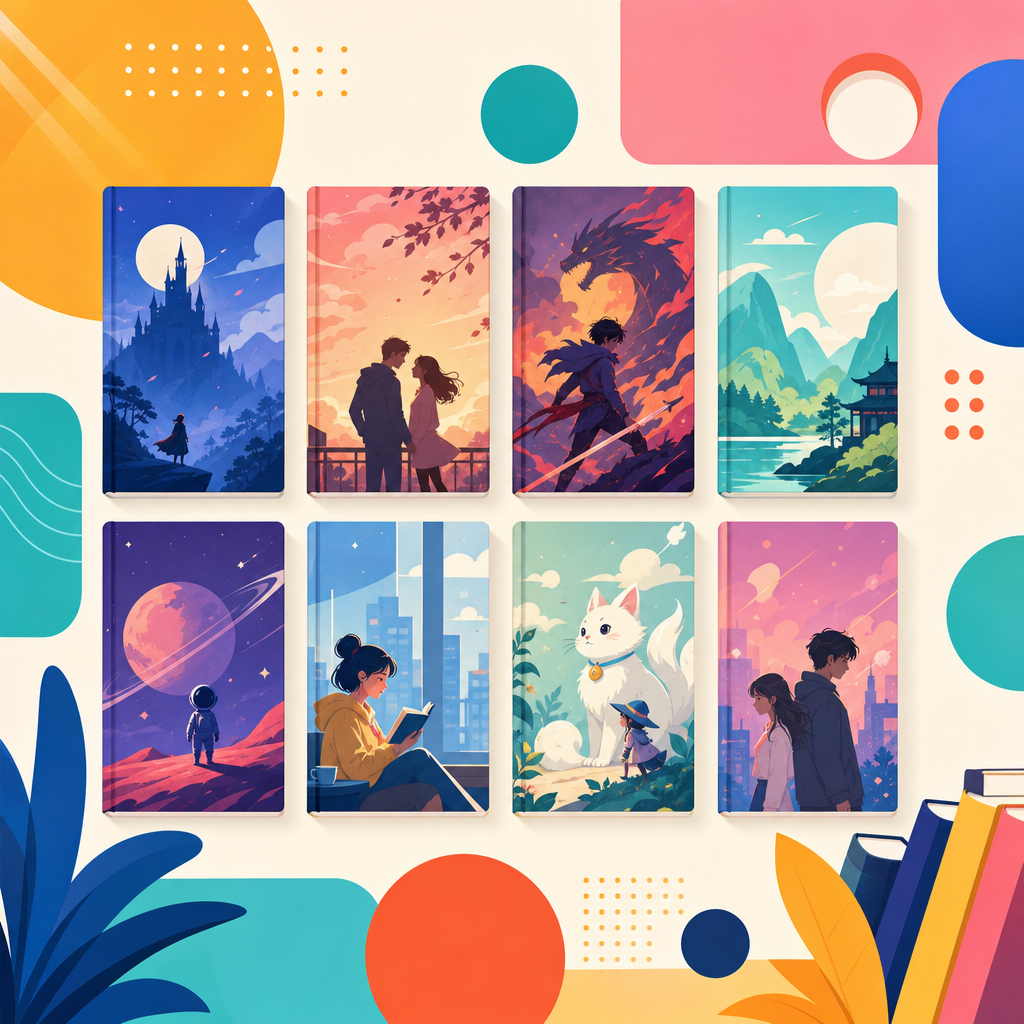 Abstract flat collage of colorful book covers and geometric reading-themed shapes