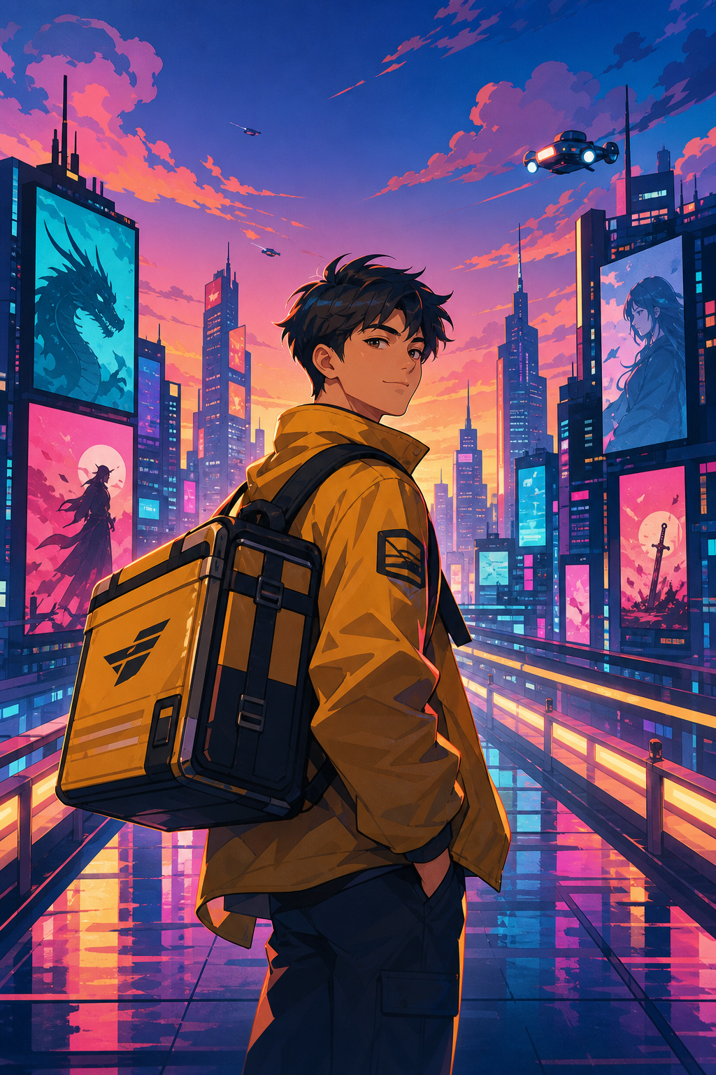Illustrated cover of a young courier standing on a glowing skybridge above a neon-lit city at dusk