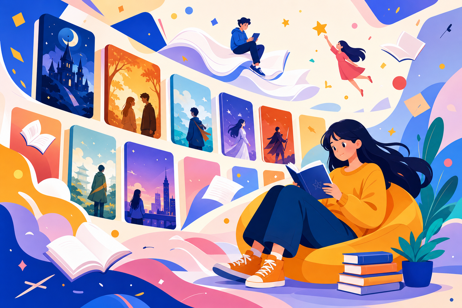Flat illustration of an imaginative digital reading world with floating book covers, paper waves, stars, and playful geometric shapes