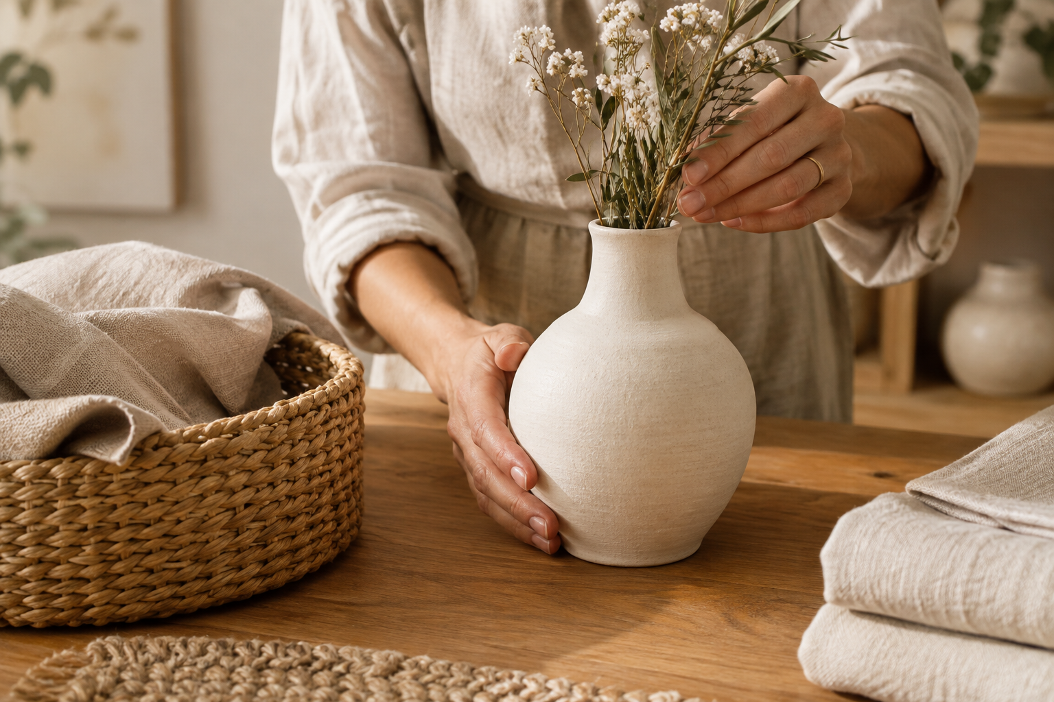 Close-up of artisan hands styling a ceramic vase beside woven textiles on a warm wooden table