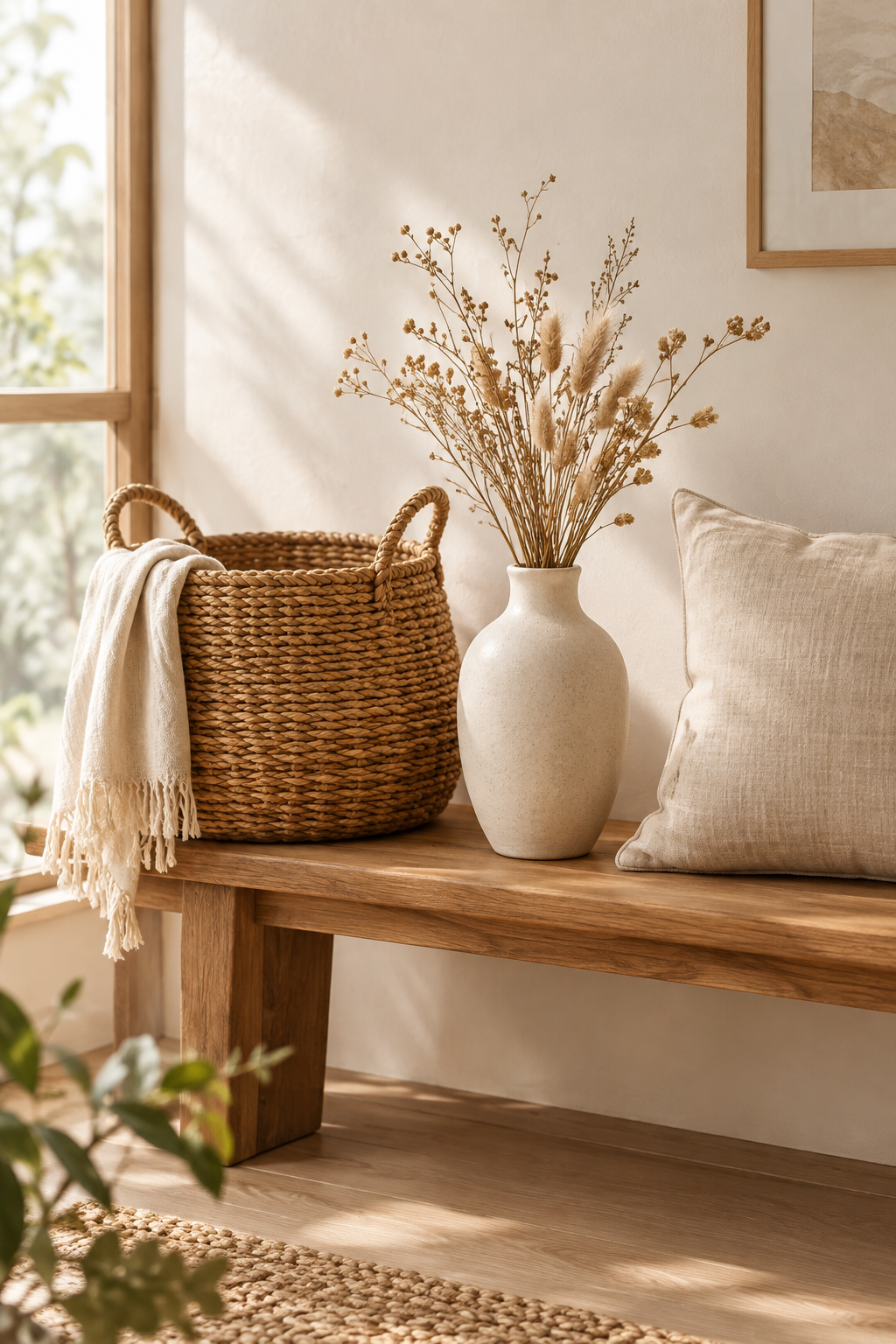 Refined still-life of a woven basket, matte ceramic vase, and linen cushion in warm natural light
