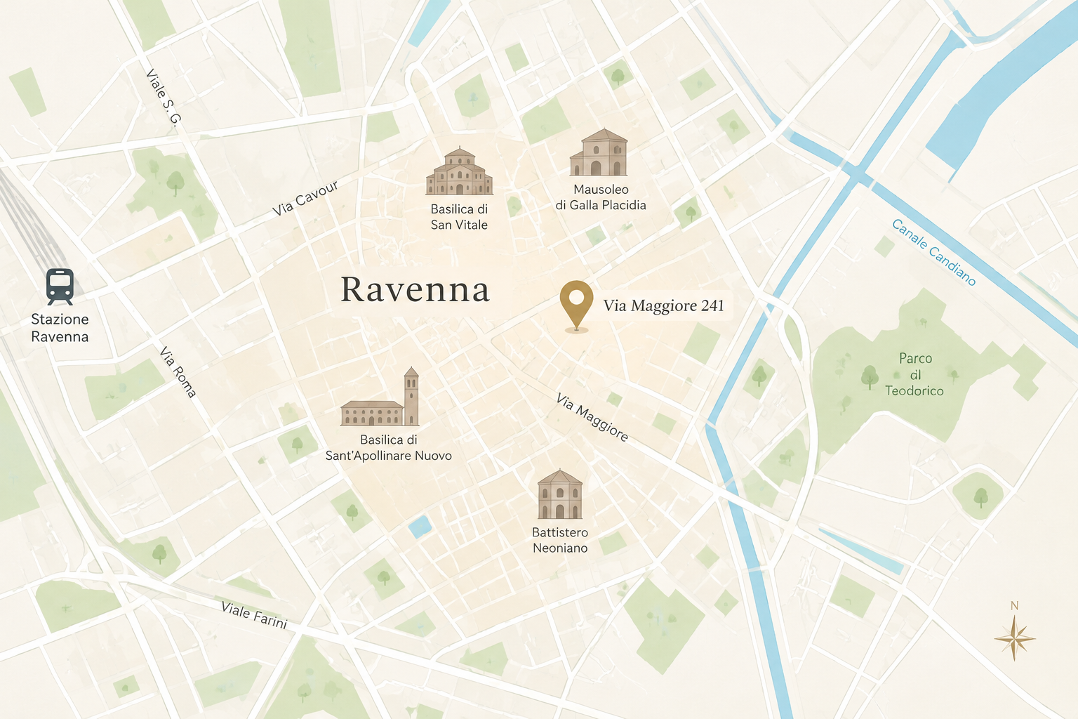 Mappa editoriale della zona di Via Maggiore a Ravenna con marker sulla posizione dell'appartamento