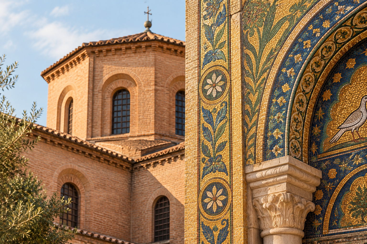 Dettaglio architettonico di Ravenna con mosaici dorati e mattoni storici in luce calda