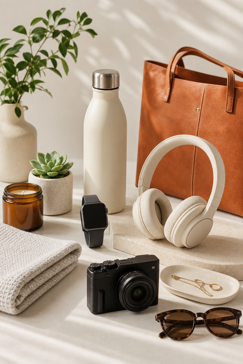 Bright editorial-style product arrangement on a clean studio surface