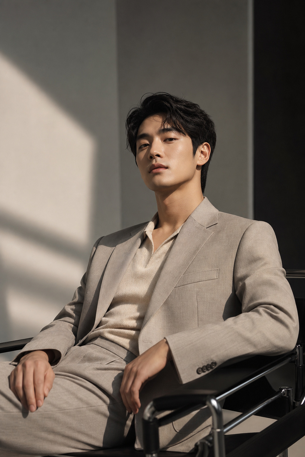 Stylish portrait subject in an editorial photoshoot setting with clean modern styling and confident expression