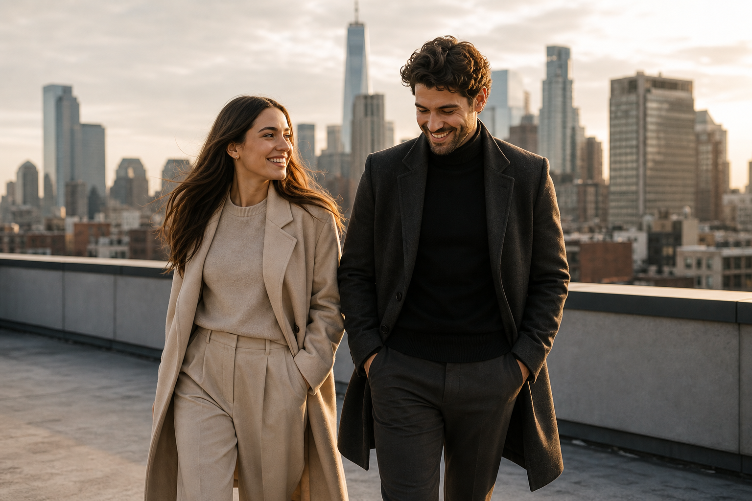 Supporting portrait: stylish couple in neutral coats walking on a rooftop at golden hour with city skyline behind them
